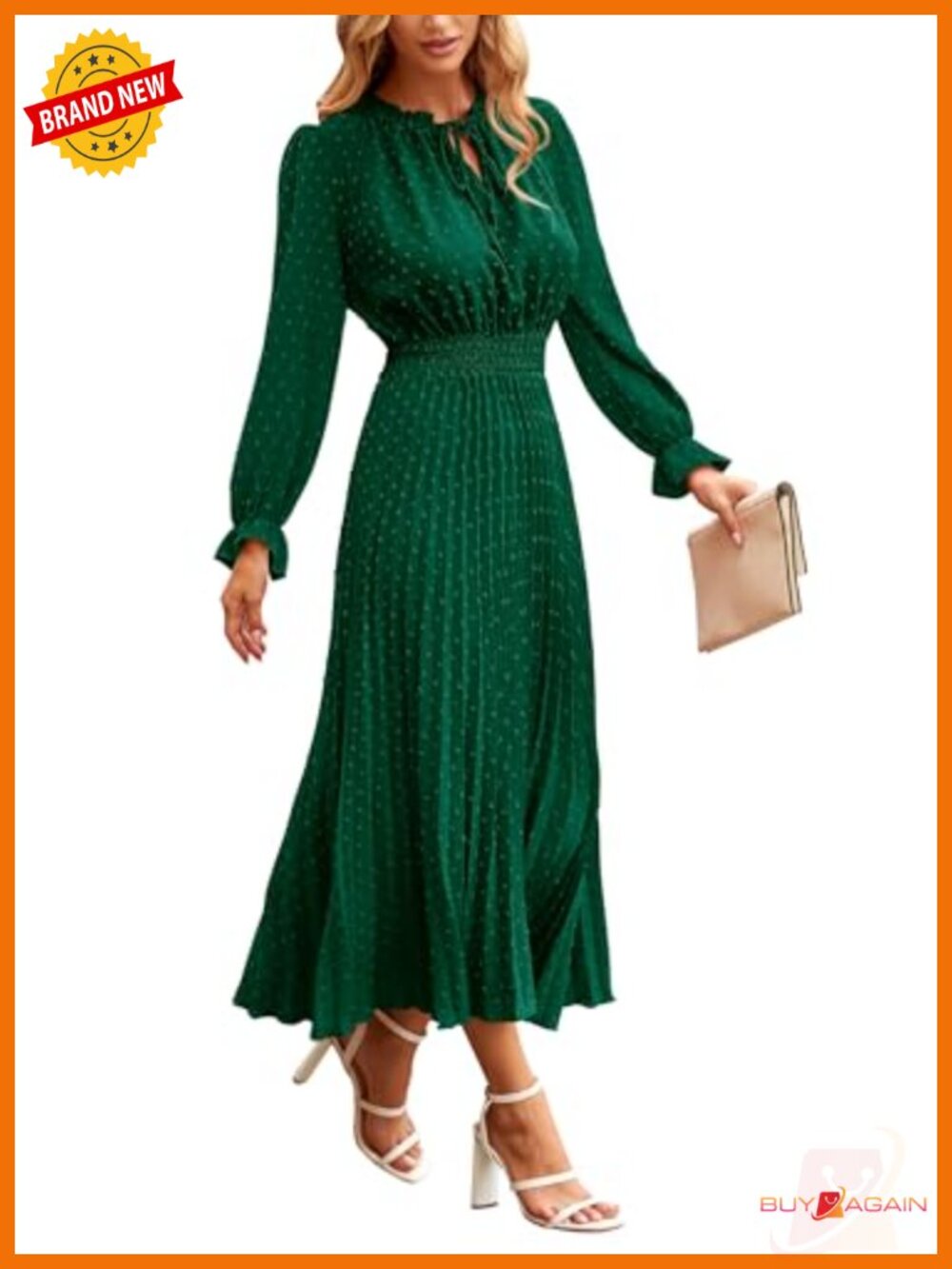 PRETTYGARDEN Women's Swiss Dot Midi Dress Long Sleeve V Neck Casual